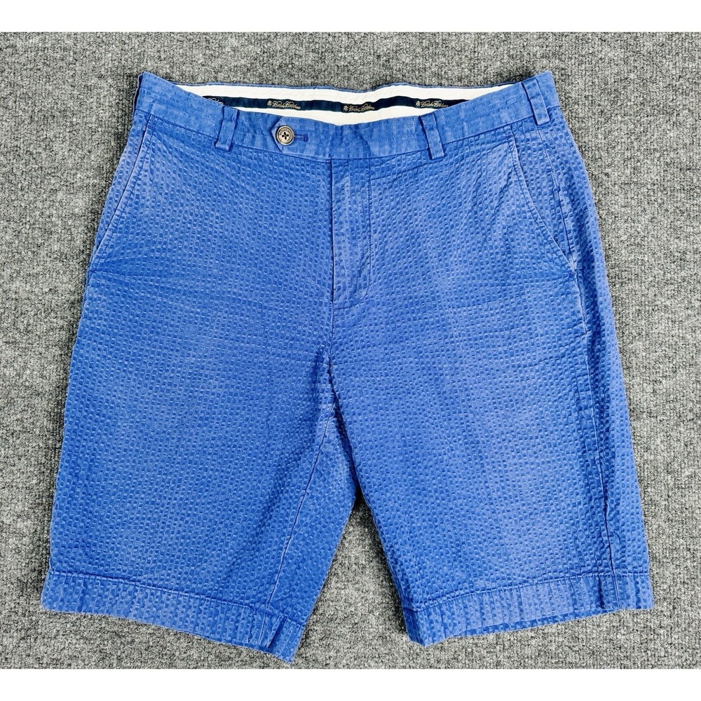 Brooks Brothers Bermuda Shorts Mens W34 Navy Blue Seersucker Flat Front